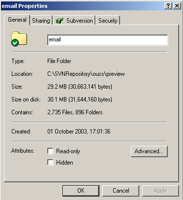 Windows Explorer properties dialog box showing the Subversion tab